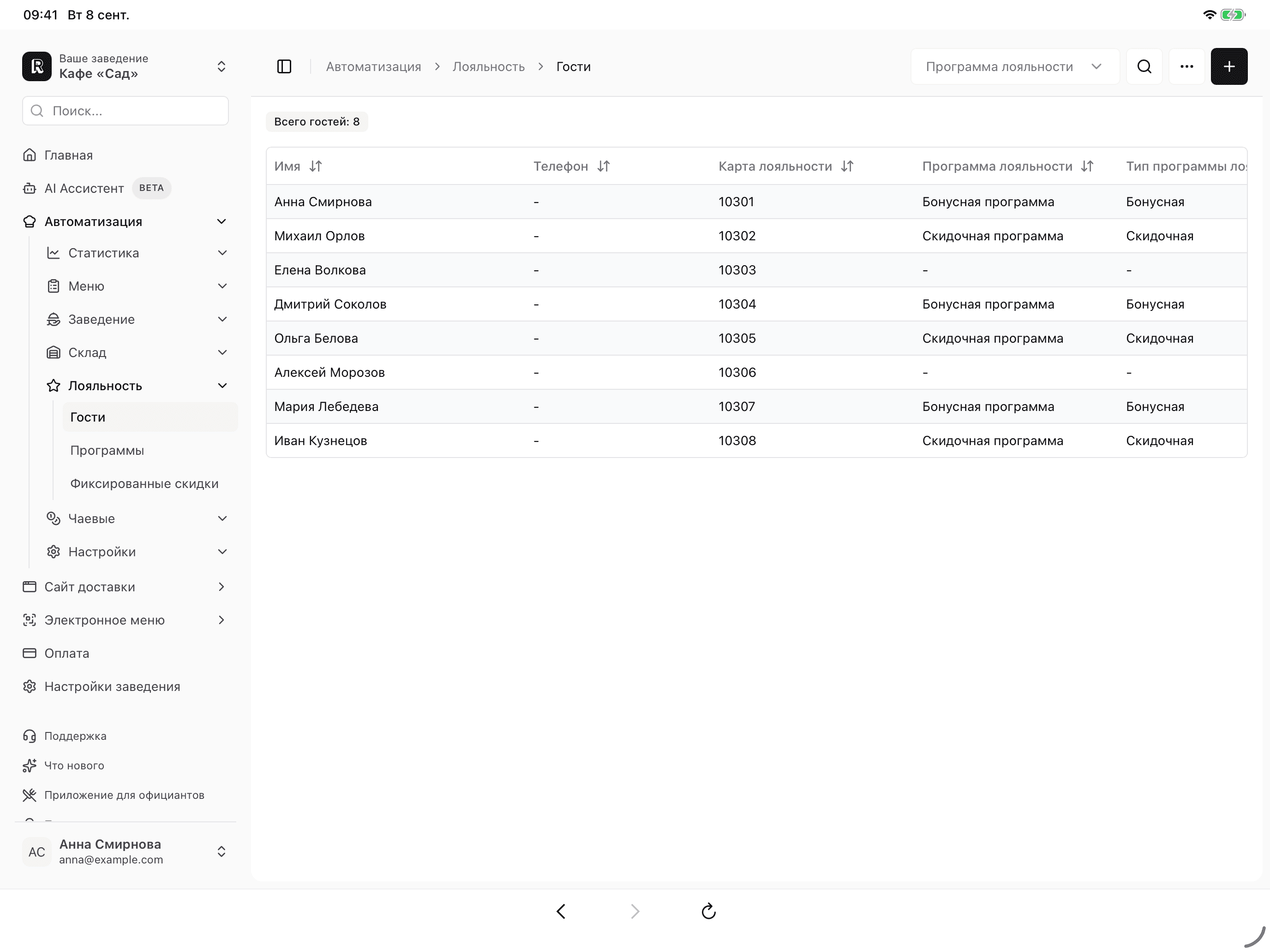 Гости и программы лояльности в Restik Admin